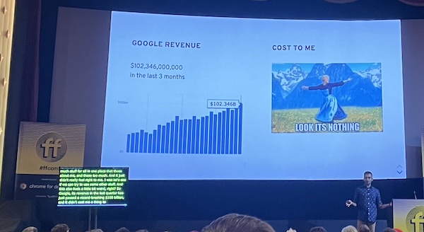Bar chart of Google revenue on the left: over 100 billion dollars in last three months. On the right, text reads 'Cost to me'. Underneath is a meme of Maria from Sound of Music with her arms widespread in the mountains. Text over the image is 'Look it’s nothing'.