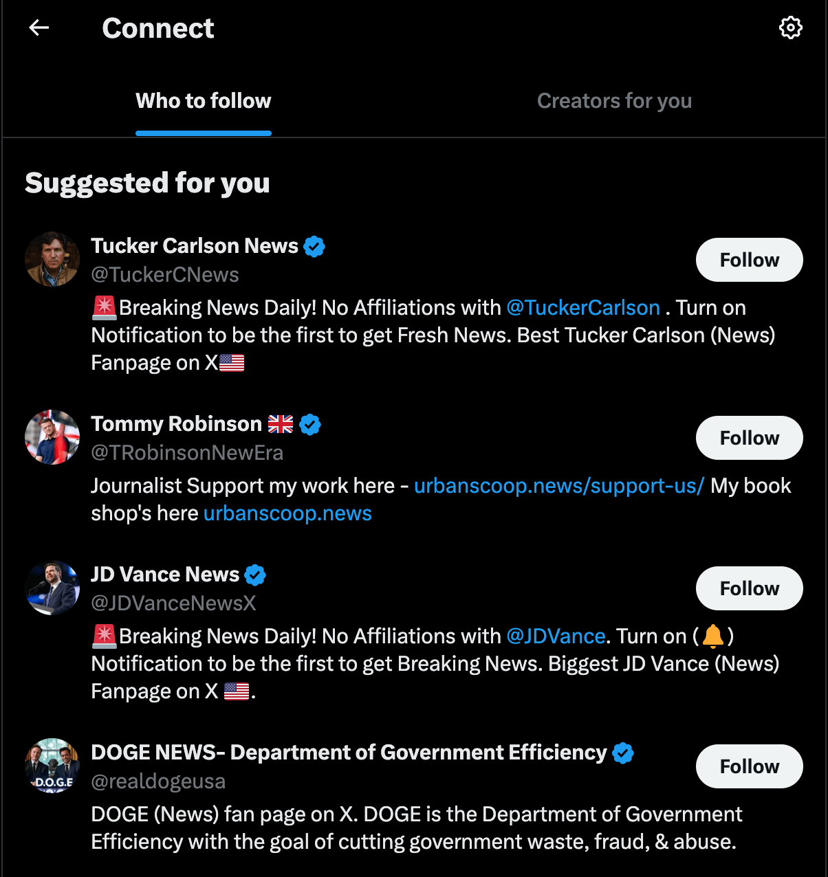 'Who to follow' tab open with the following suggestions: Tucker Carlson News (no affiliation with Tucker Carlson); Tommy Robinson; JD Vance News (no affliation with JD Vance); DOGE News - Department of Government Efficiency