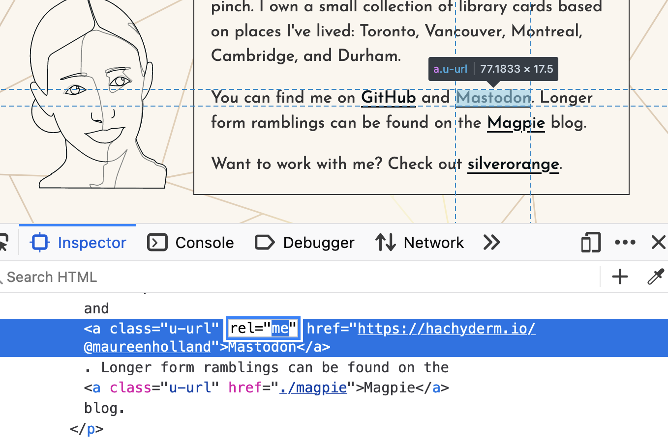 Firefox DevTools open to inspect anchor element with 'Mastodon' text. Focus around 'rel=me' attribute in markup.